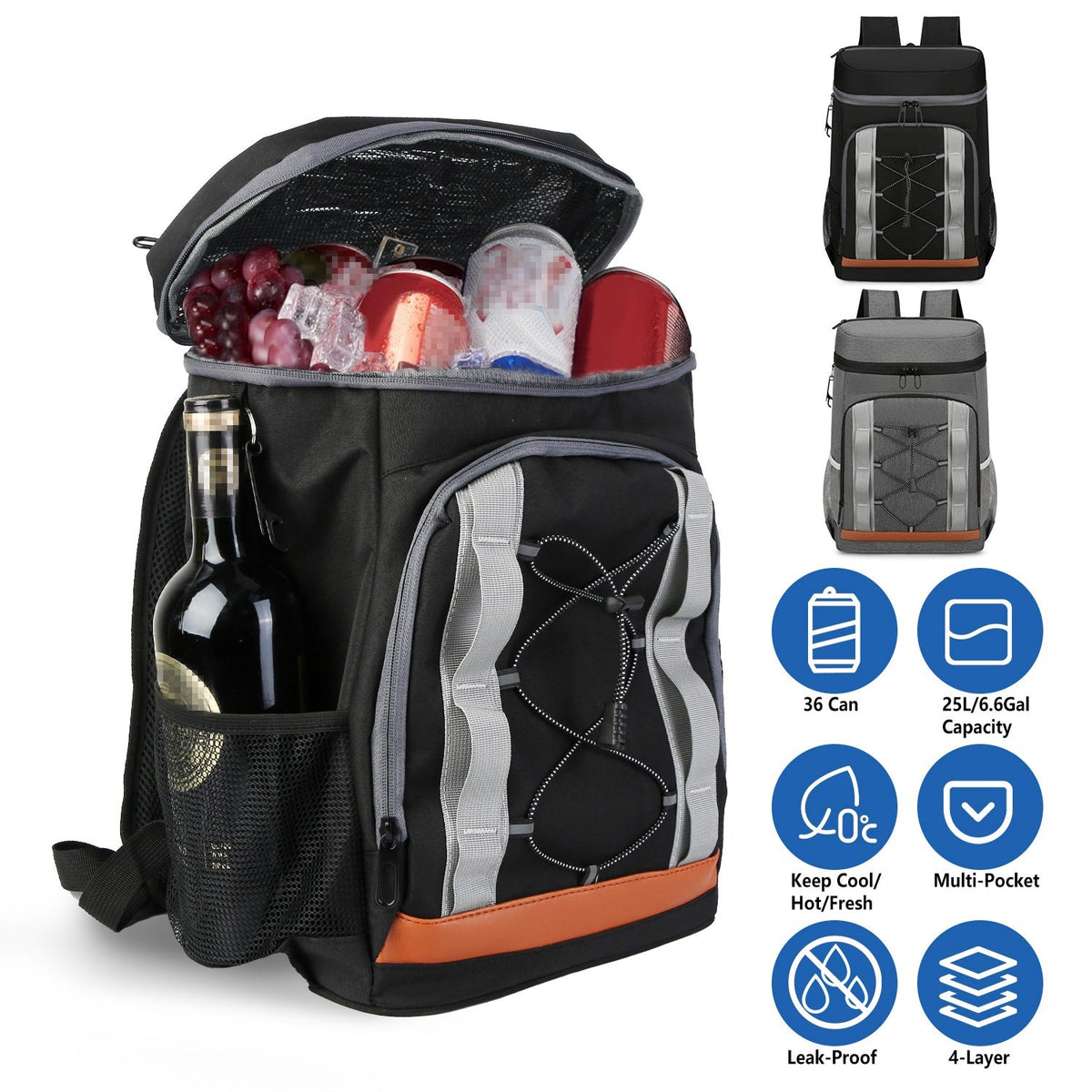 GemGear Cooler Backpack 36 Can insulated leakproof with 25L, black gray with orange trim on Tampa Home & Garden Store