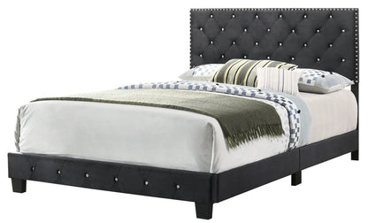Luxurious Upholstered Bed with dark tufted headboard and crystal buttons on Tampa Home & Garden Store