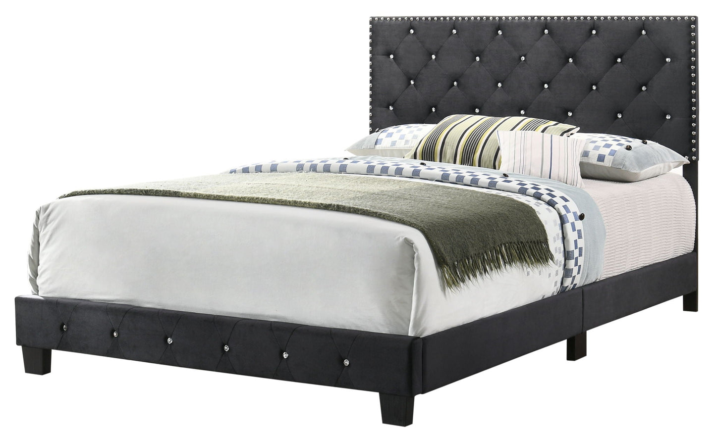 Luxurious Upholstered Bed with black diamond-tufted headboard and crystal nailhead trim on Tampa Home & Garden Store