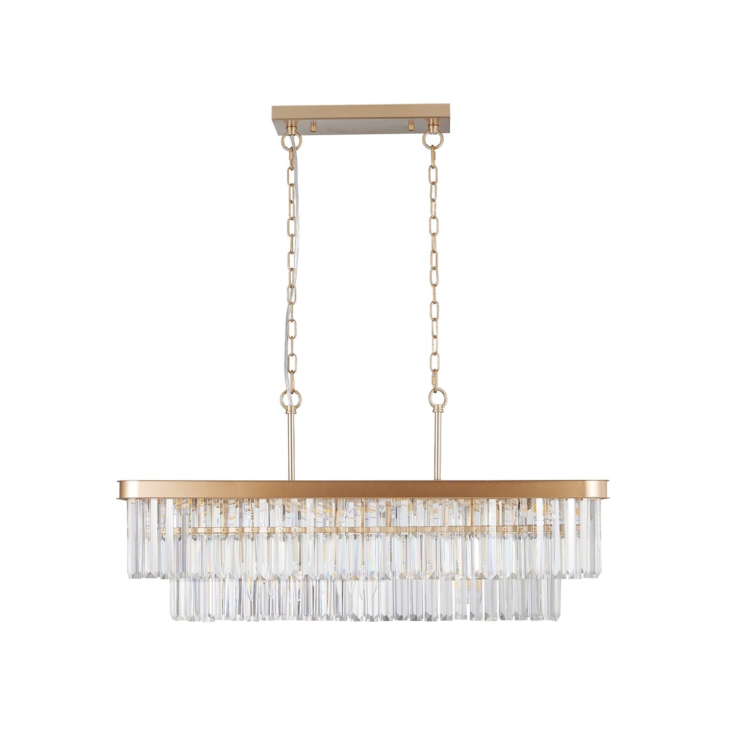 Rectangular crystal chandelier by HouseOfZazla with gold iron frame crystal prisms two chains on Tampa Home & Garden Store