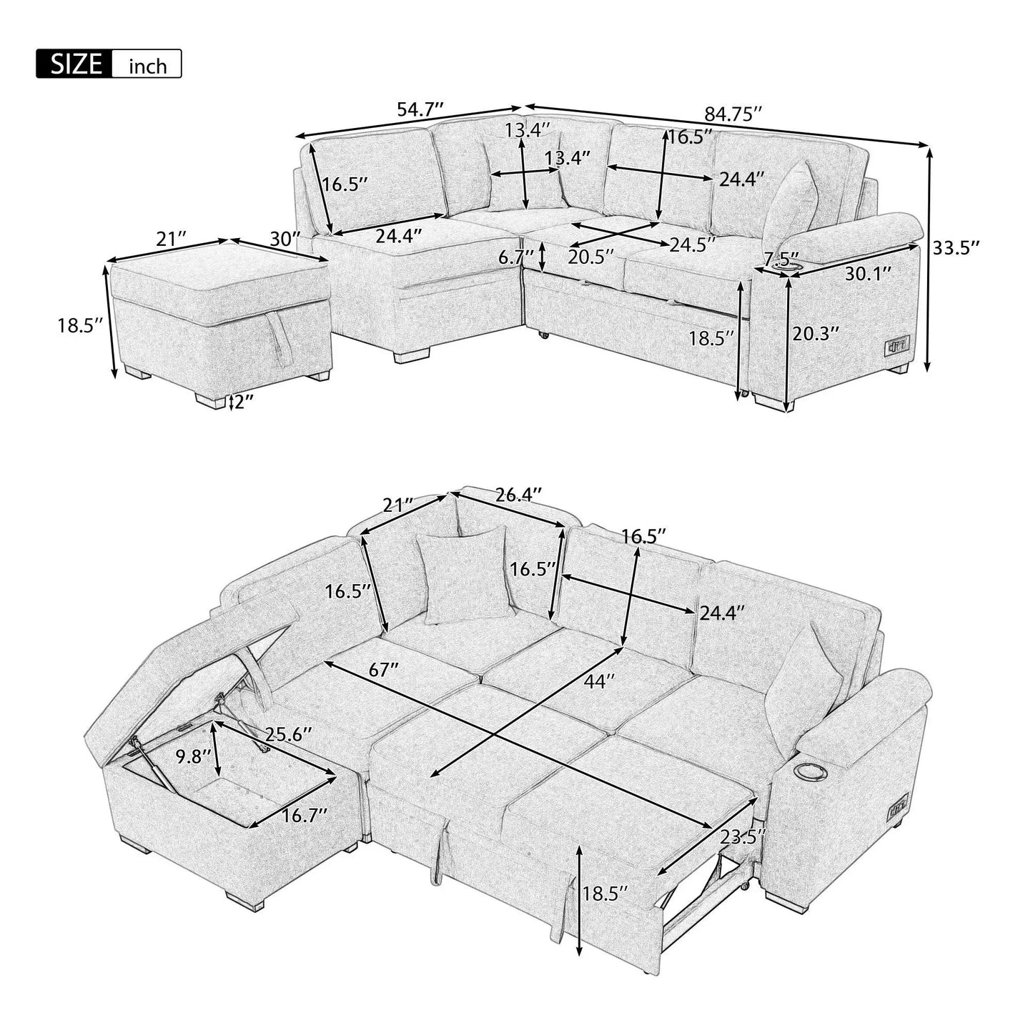 Sleeper Sofa Bed With Storage 2 In 1 Couch