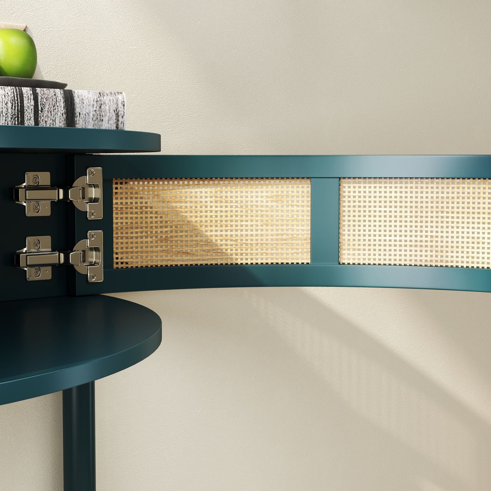 End Table HouseOfZazla boho rattan style with teal frame and woven cane panels for storage on Tampa Home & Garden Store