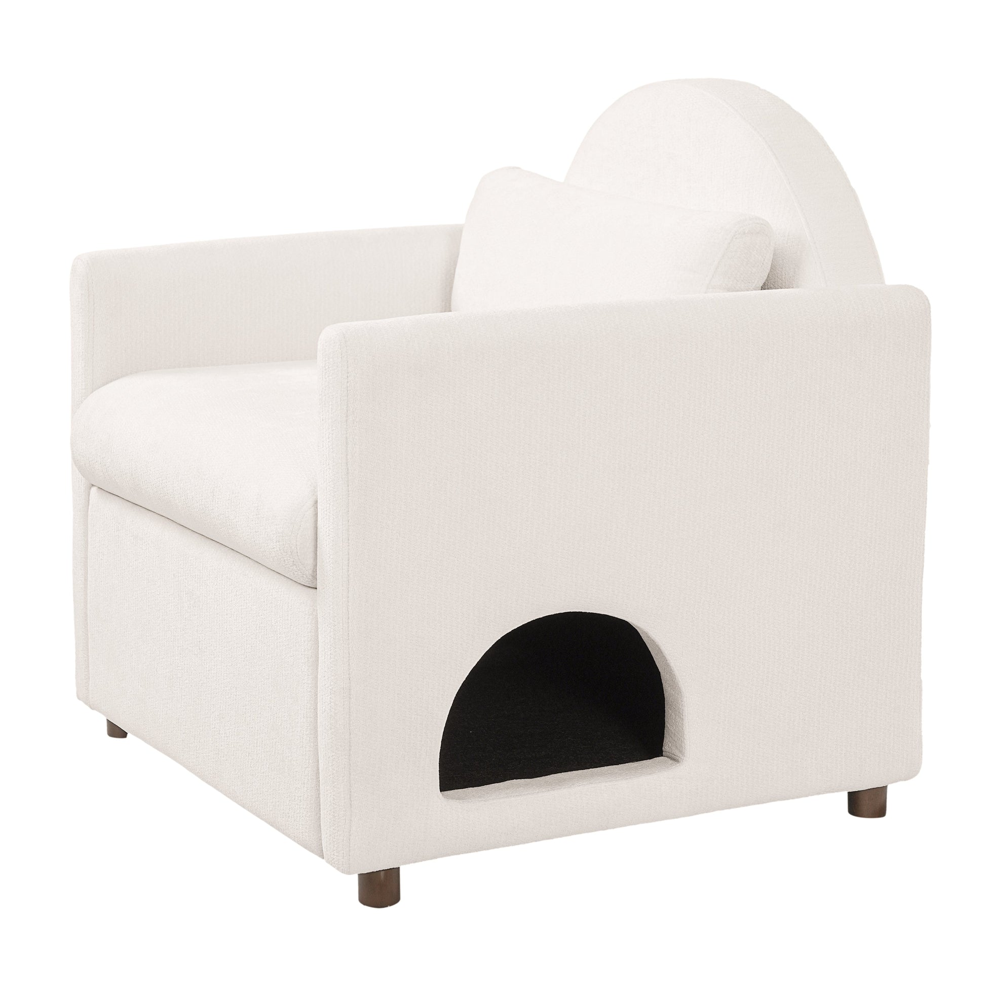Beige pet friendly accent chair with hidden pet nook by HouseOfZazla wooden legs on Tampa Home & Garden Store
