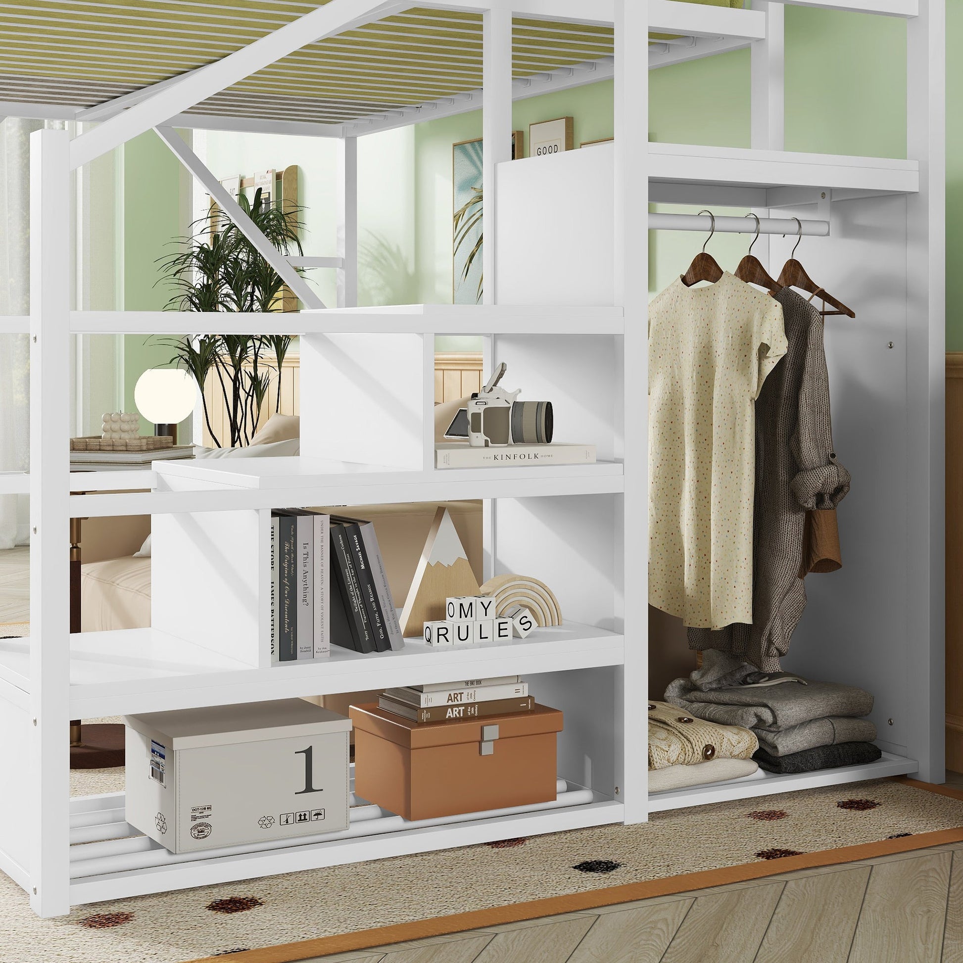 Full Size Loft Bed with Stairs and Storage Shelves by HouseOfZazla in white on Tampa Home & Garden Store