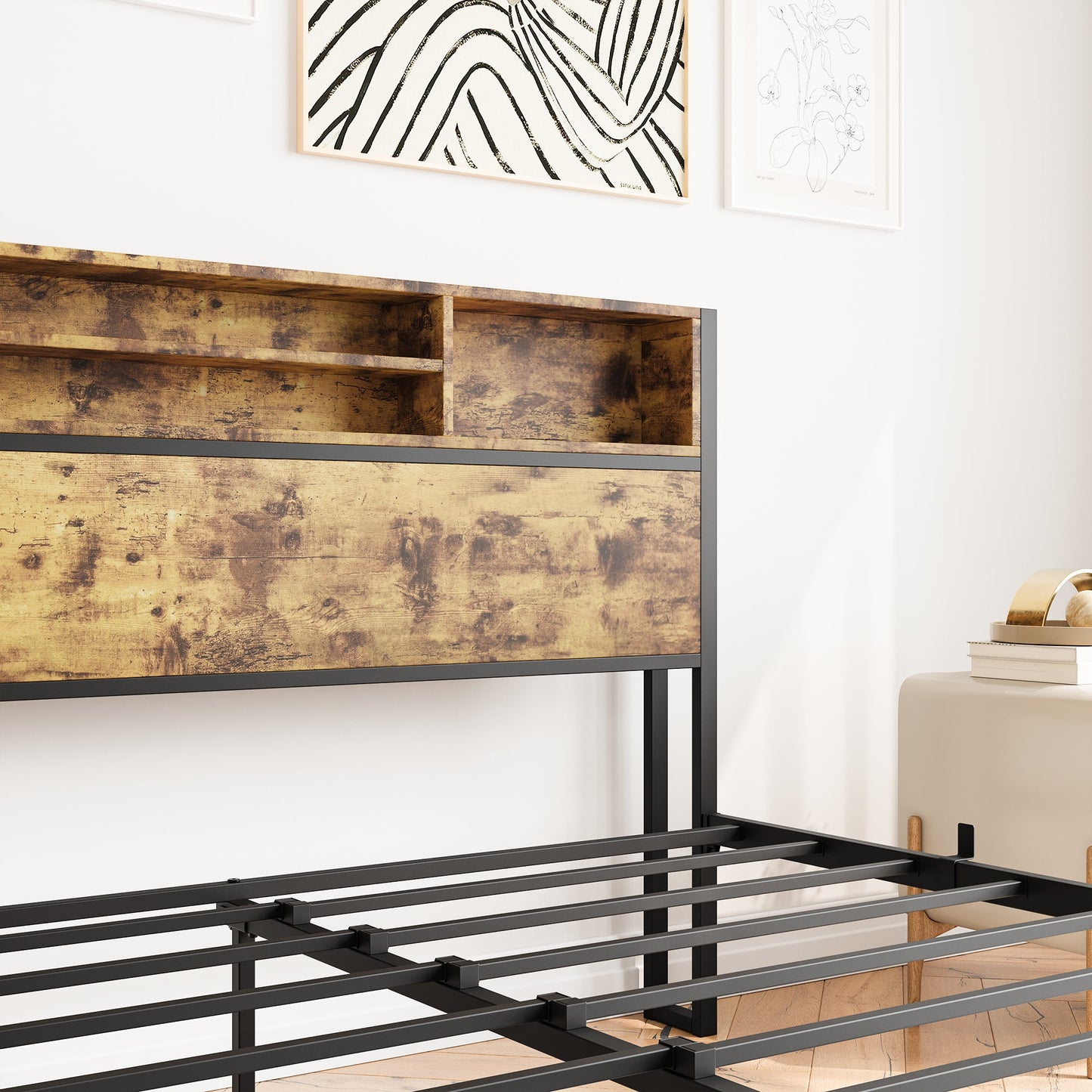 Queen Bed Frame with Storage Headboard Metal Platform Bed with Charging Station Bookcase Storage Black - Tampa Home & Garden Store