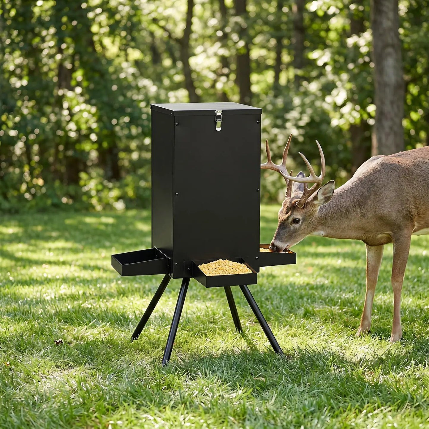 90lb Gravity Deer Feeder 4 Feeding Trays Stand