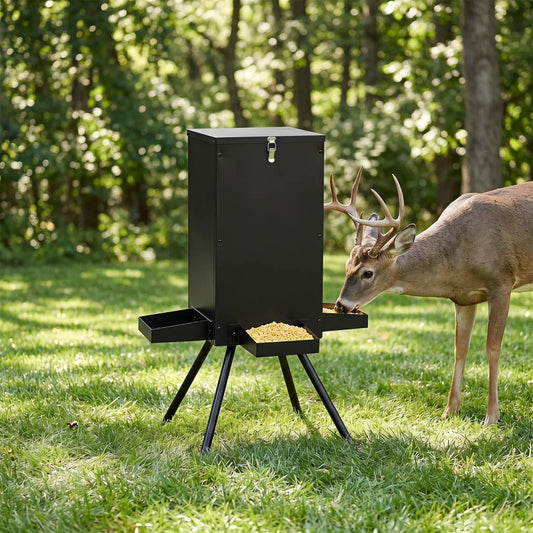 Deer Feeder DirectDeals 90LB Gravity Feeder with 4 feeding trays on a black metal stand on Tampa Home & Garden Store