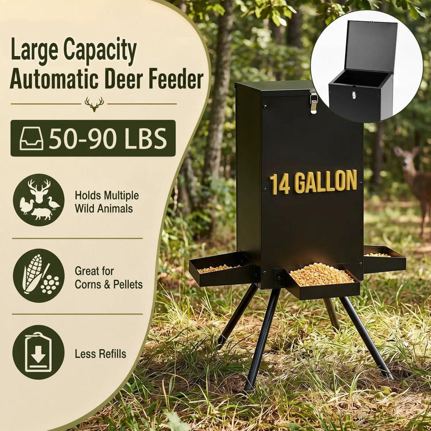 90lb Gravity Deer Feeder 4 Feeding Trays Stand