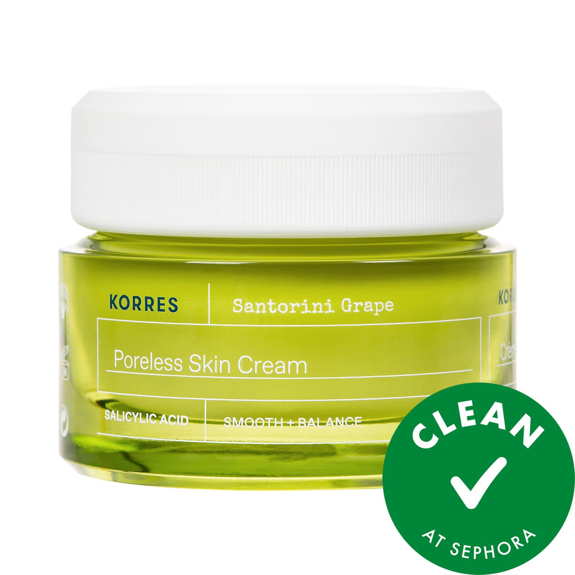 Korres Santorini Grape Poreless Skin Cream jar with white lid and green label, Sephora badge visible on packaging on Tampa Home & Garden Store