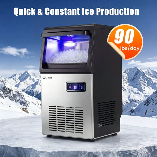 Costway nugget ice maker 90 lbs/day, stainless steel front with blue ice on Tampa Home & Garden Store