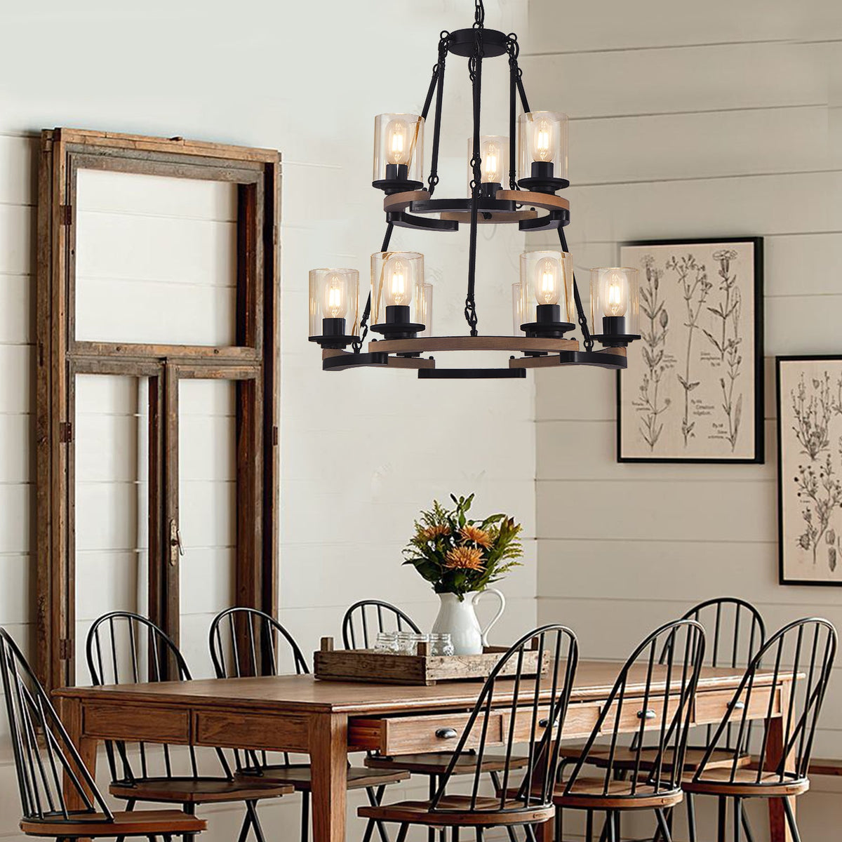 9 Light Wagon Wheel Farmhouse Chandelier, black metal with wood-toned rings by HouseOfZazla on Tampa Home & Garden Store