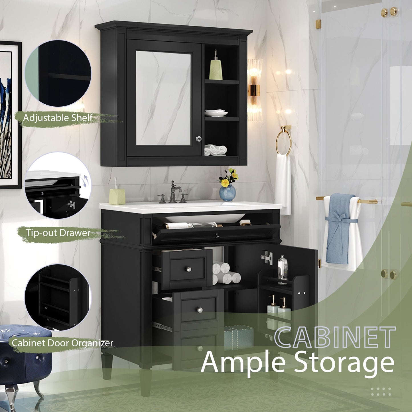 Bathroom vanity with medicine cabinet in black, adjustable shelf and drawers by HouseOfZazla on Tampa Home & Garden Store