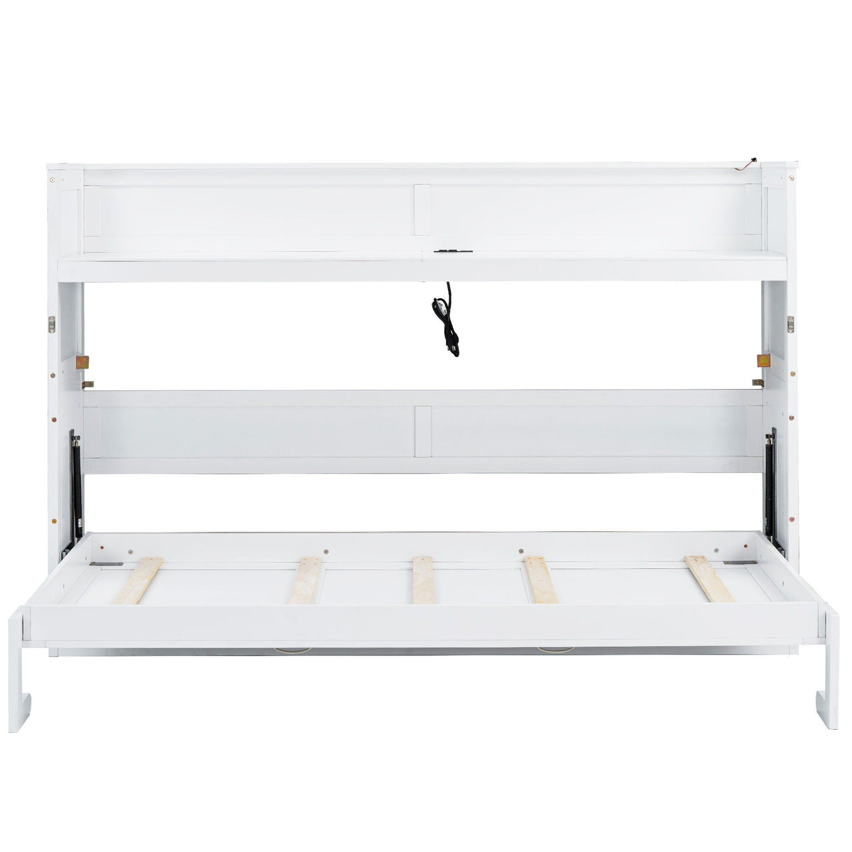 White Murphy bed frame with desk, exposed wires and slat supports, HouseOfZazla on Tampa Home & Garden Store