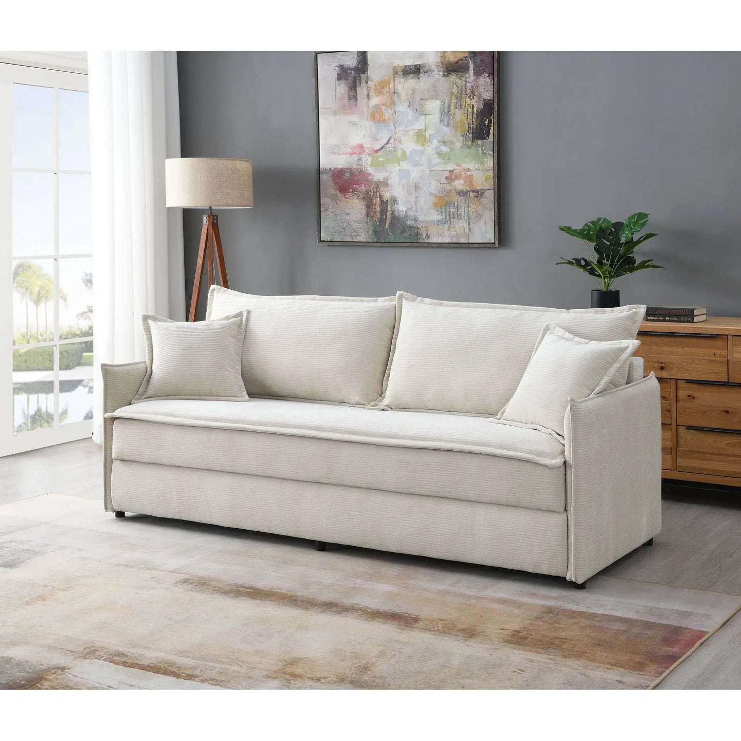 Elisea beige sleeper sofa with 2 toss pillows in linen upholstery on Tampa Home & Garden Store