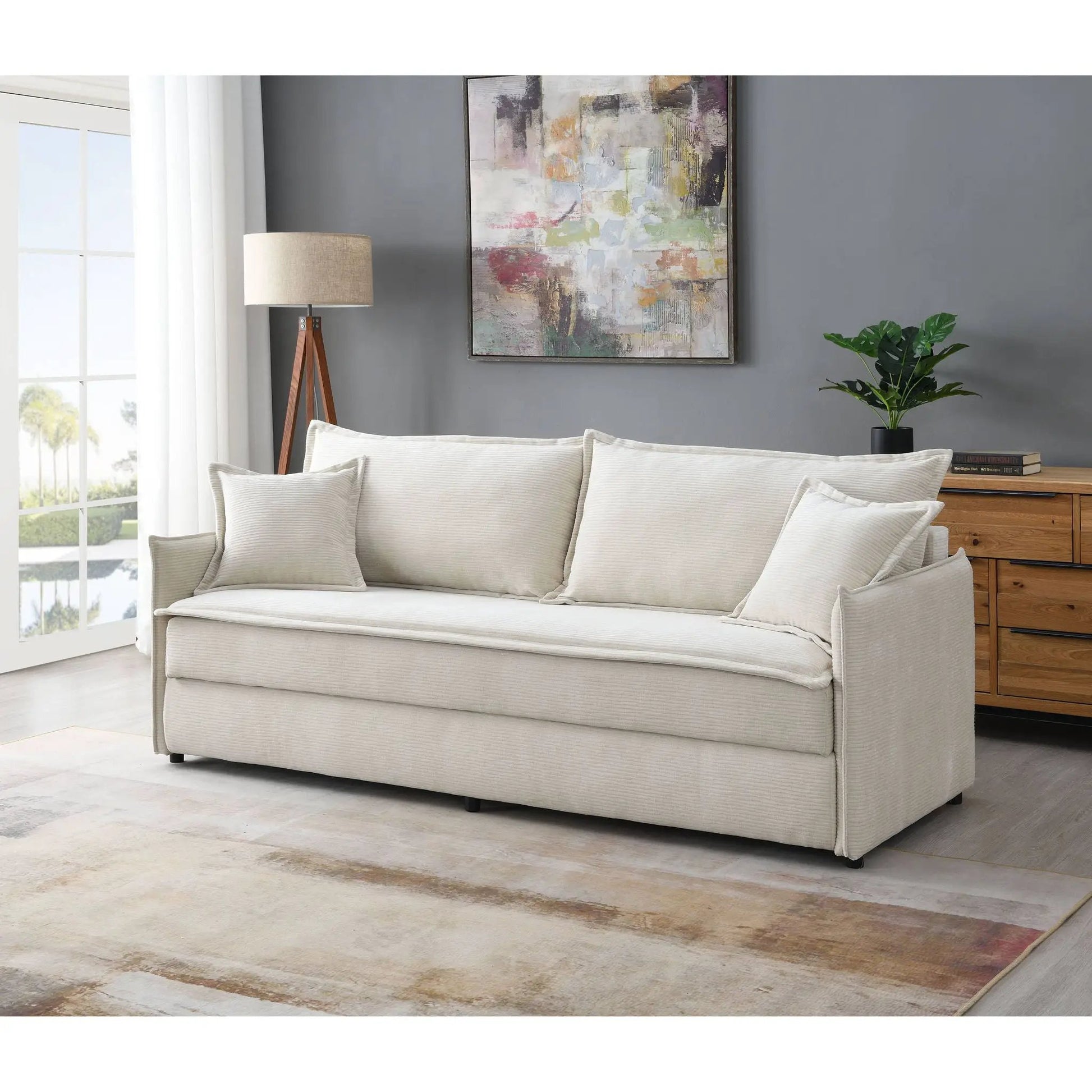 Elisea beige sleeper sofa with 2 toss pillows in linen upholstery on Tampa Home & Garden Store