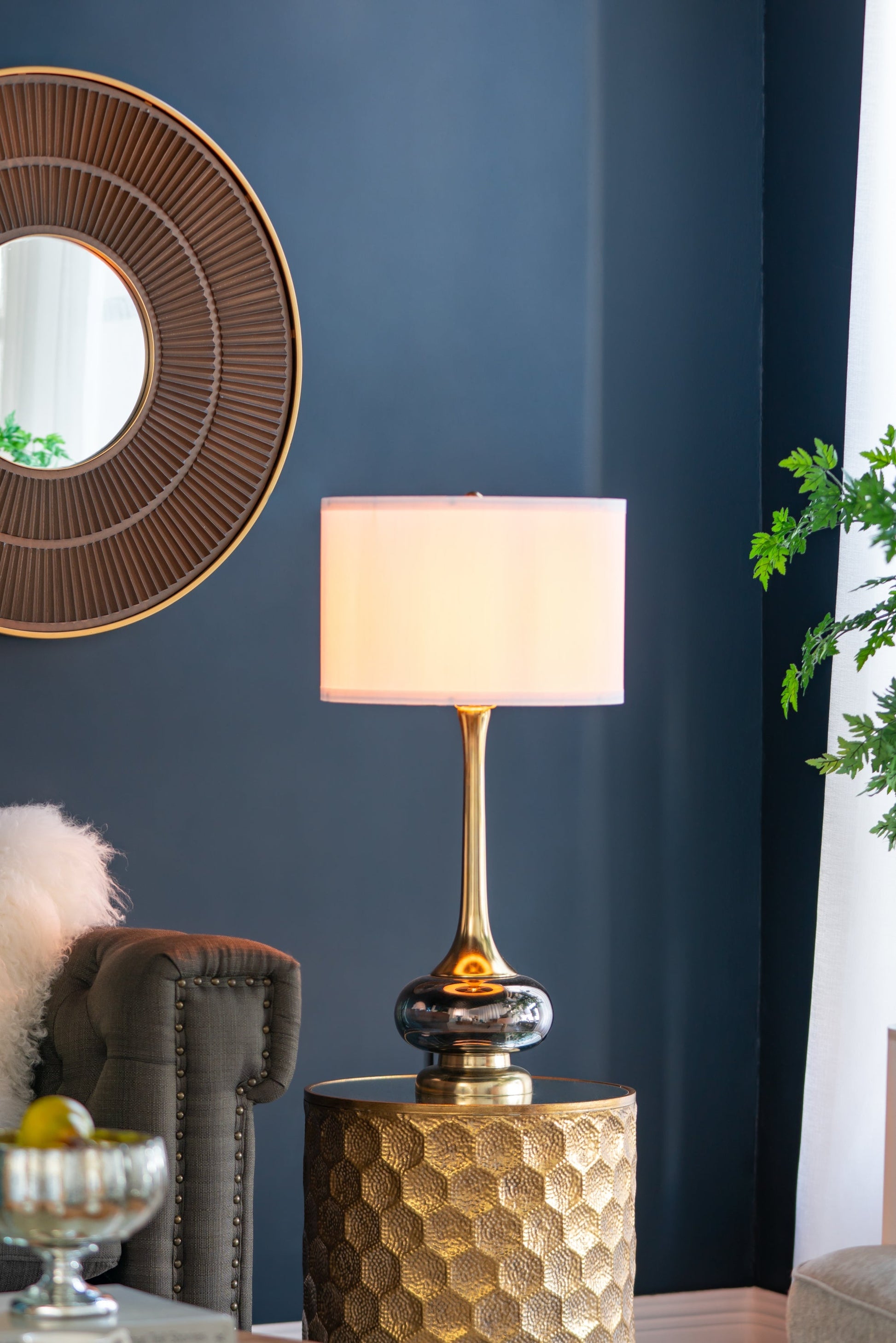 D15x29 table lamp with glass drum shade, brass base, HouseOfZazla lighting on Tampa Home & Garden Store