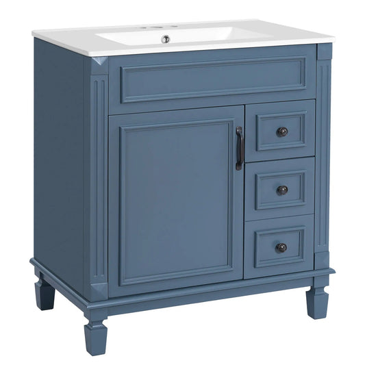 Bathroom vanity with sink, blue cabinet, two-drawer base and adjustable shelf on Tampa Home & Garden Store
