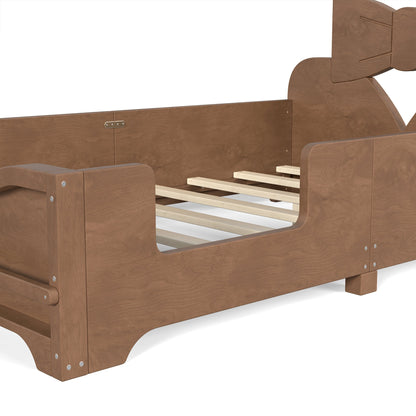 Twin Size Kids Platform Bed with full surround guardrails and bookshelf in white pine on Tampa Home & Garden Store