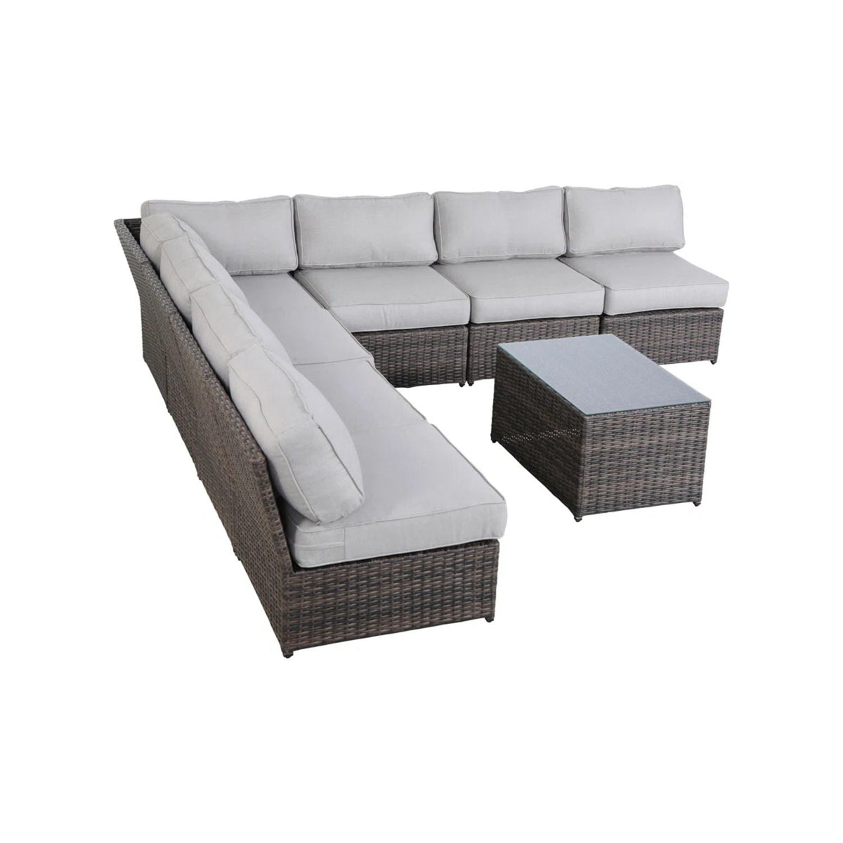 Comfortable modern patio rattan sectional with light gray cushions in brown wicker on Tampa Home & Garden Store