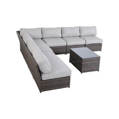Comfortable modern patio rattan sectional with light gray cushions in brown wicker on Tampa Home & Garden Store