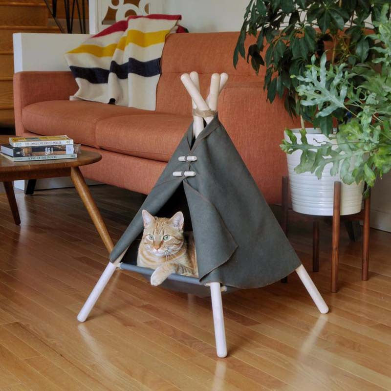 Cat tent bed frame in gray-green fabric with white wooden legs, cat peeks out from entrance on Tampa Home & Garden Store