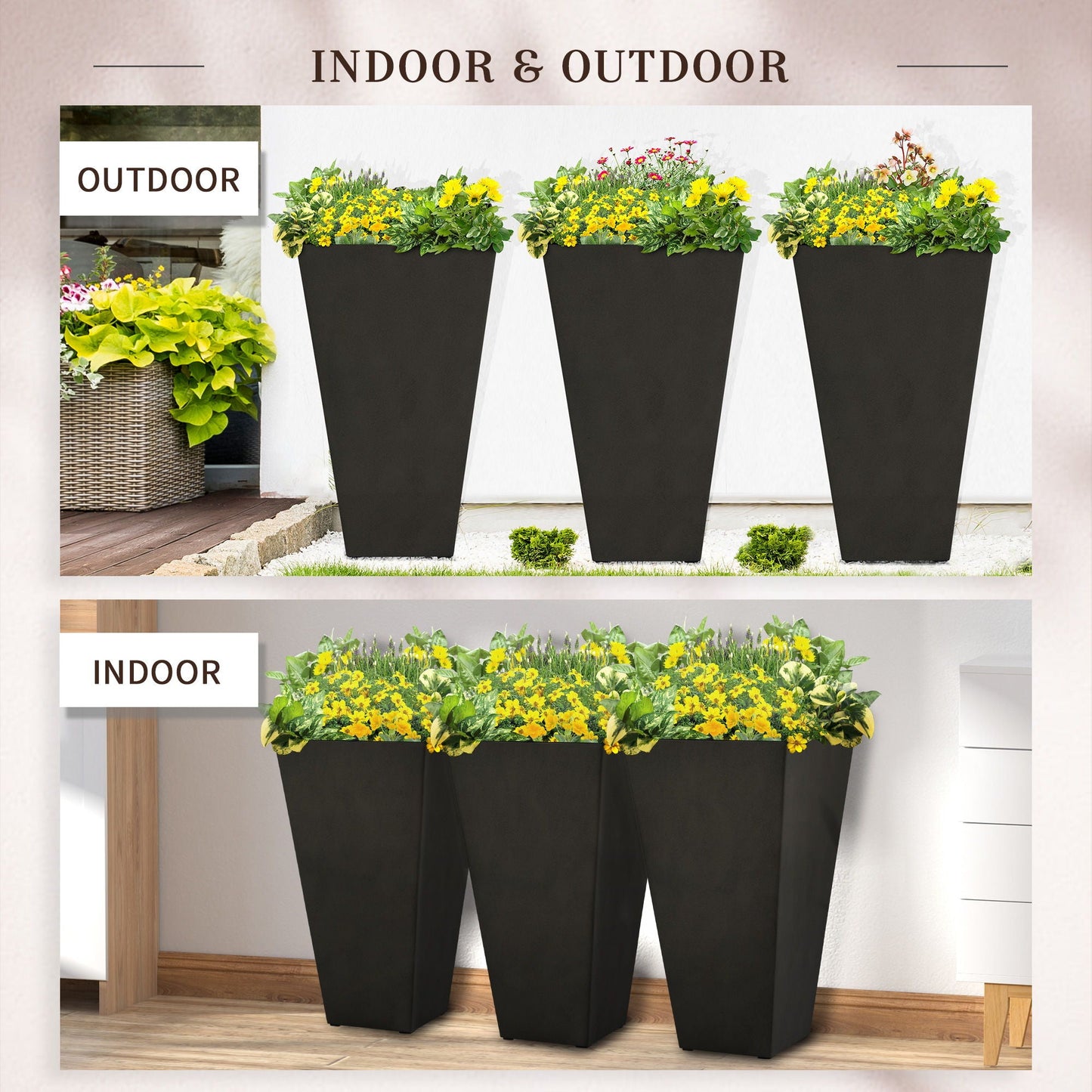 Outsunny outdoor planters set of 3 large tapered black plastic planters with drainage holes and plugs on Tampa Home & Garden Store