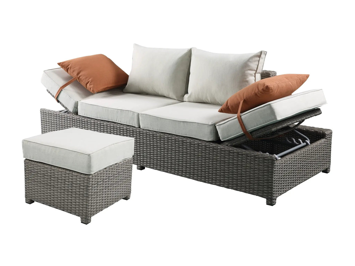 Salena all-weather wicker patio sofa & ottoman with 2 orange toss pillows and beige cushions on Tampa Home & Garden Store