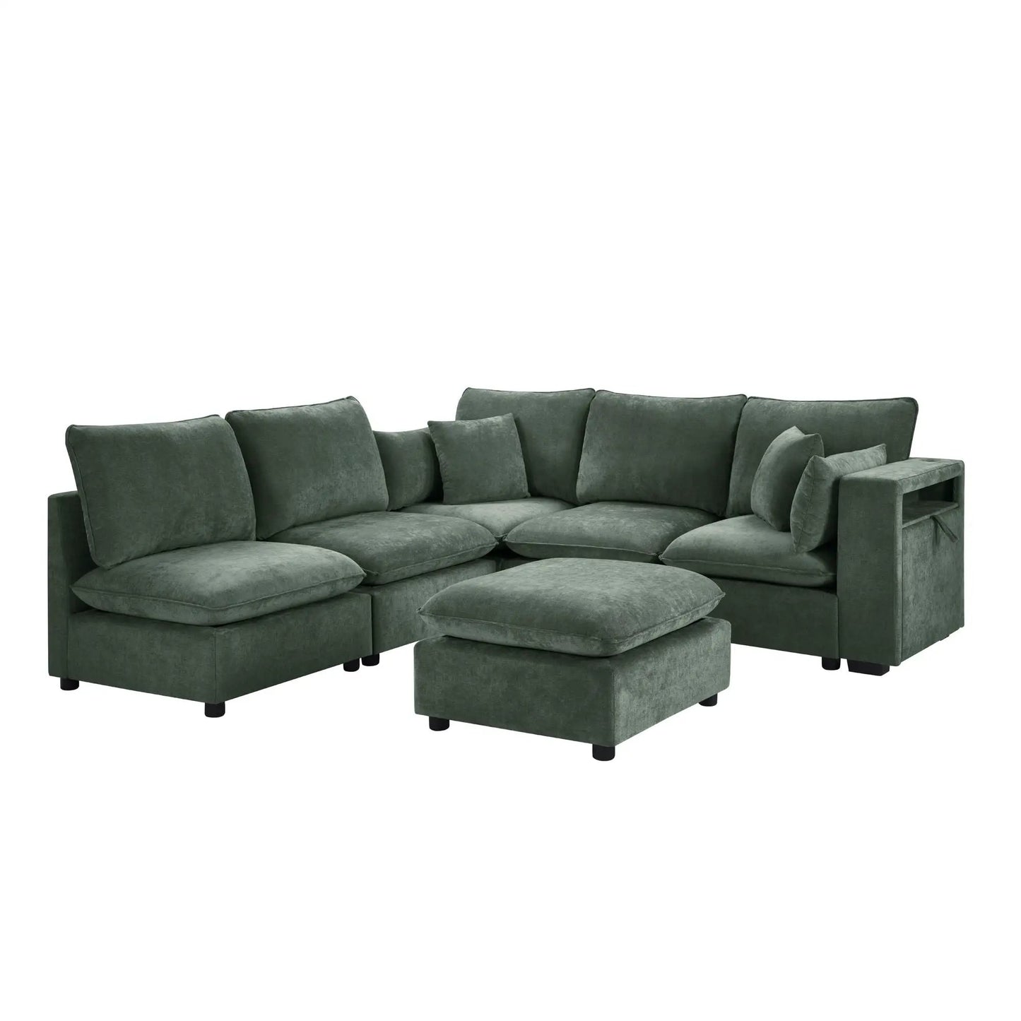 Modern U-shaped sectional sofa in green with movable ottoman and storage armrests, USB ports on Tampa Home & Garden Store