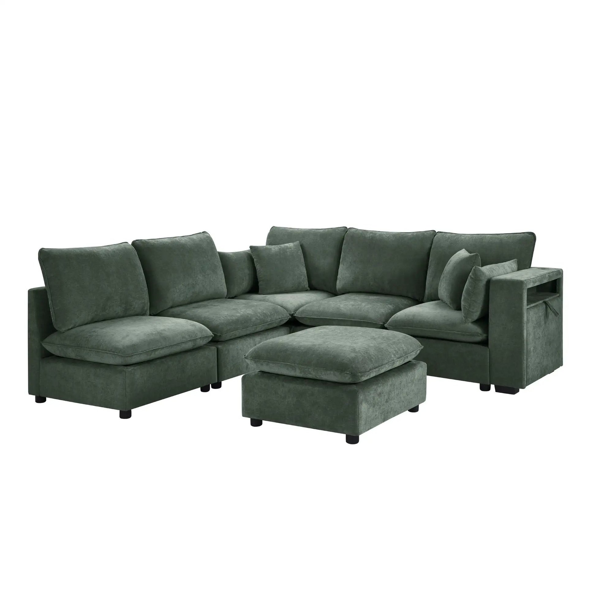Modern U-shaped sectional sofa in green with movable ottoman and storage armrests, USB ports on Tampa Home & Garden Store