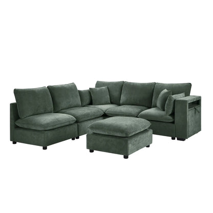 Modern U-shaped sectional sofa in green with movable ottoman and storage armrests, USB ports on Tampa Home & Garden Store