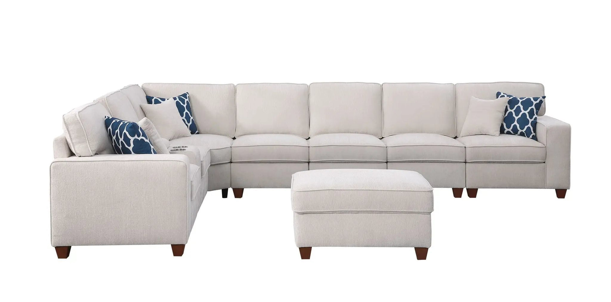 Ted beige sectional sofa with ottoman 2-piece set by Unique Piece Furniture with blue pillows on Tampa Home & Garden Store