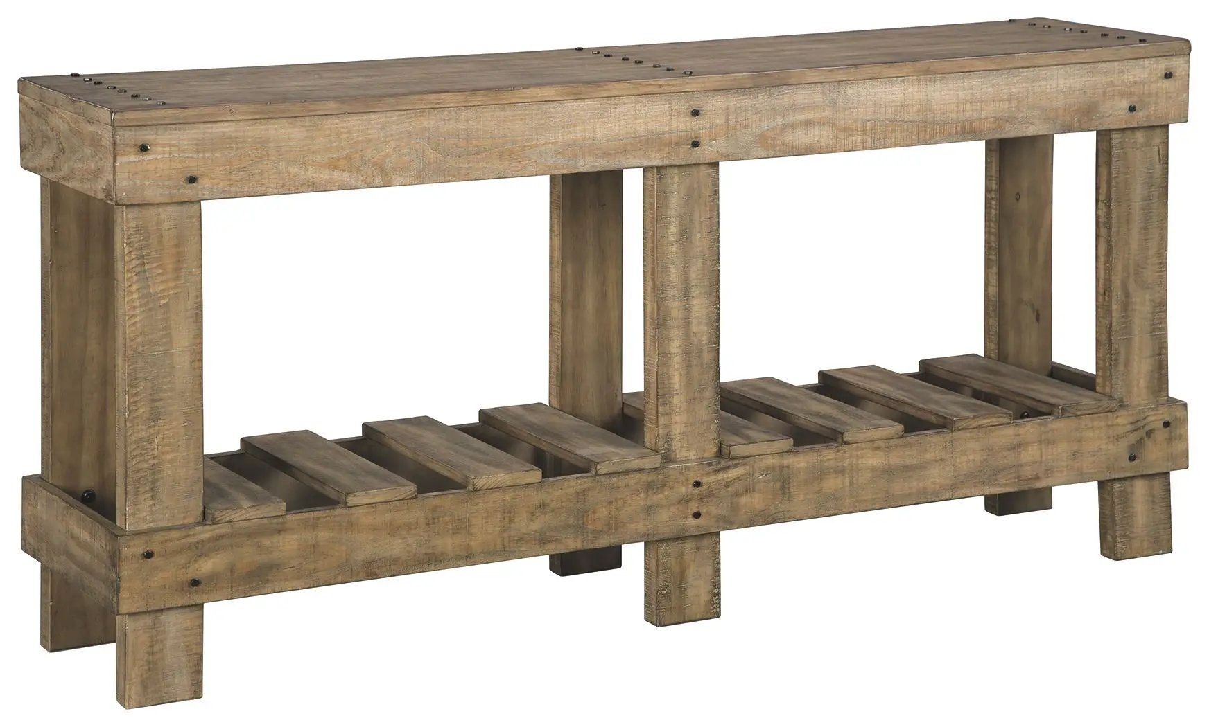 Susandeer console sofa table brown rustic wood, solid chunky legs and lower slatted shelf on Tampa Home & Garden Store