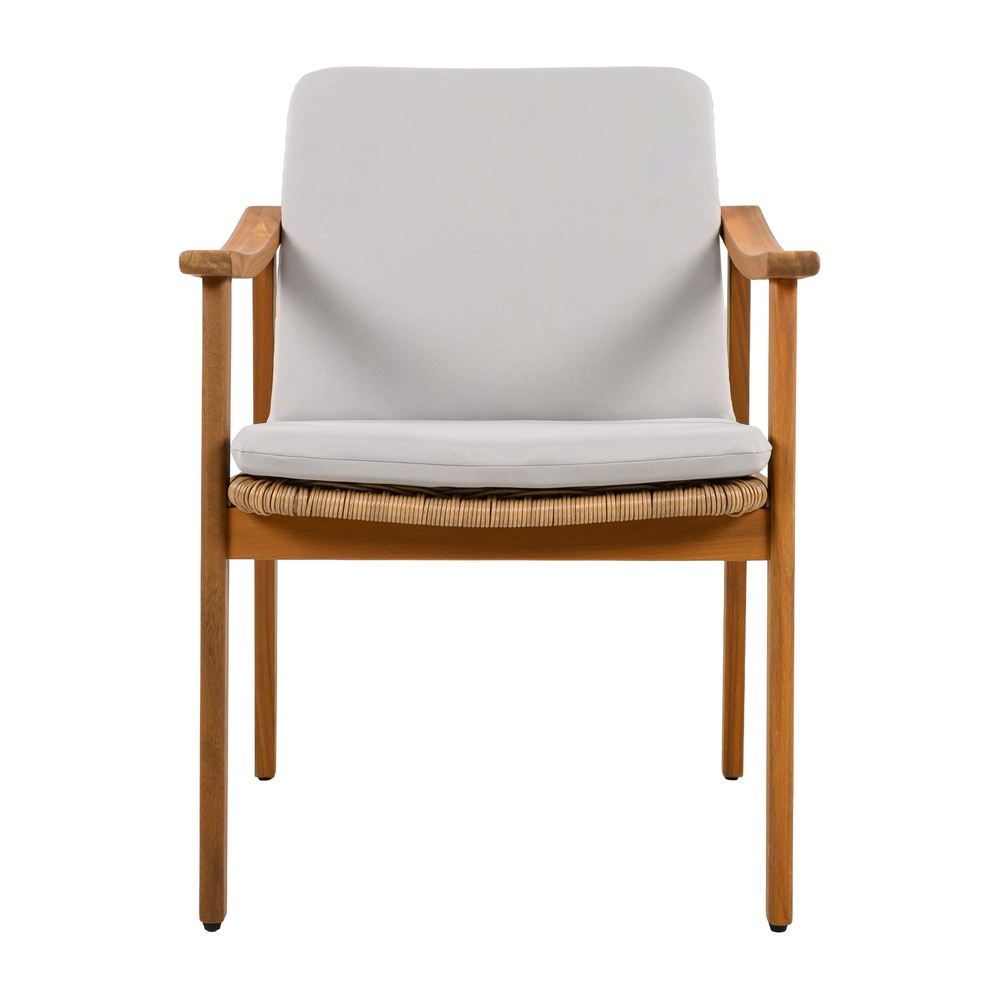 Outdoor dining chairs set of 2 with teak-colored acacia wood frame and gray cushions on Tampa Home & Garden Store