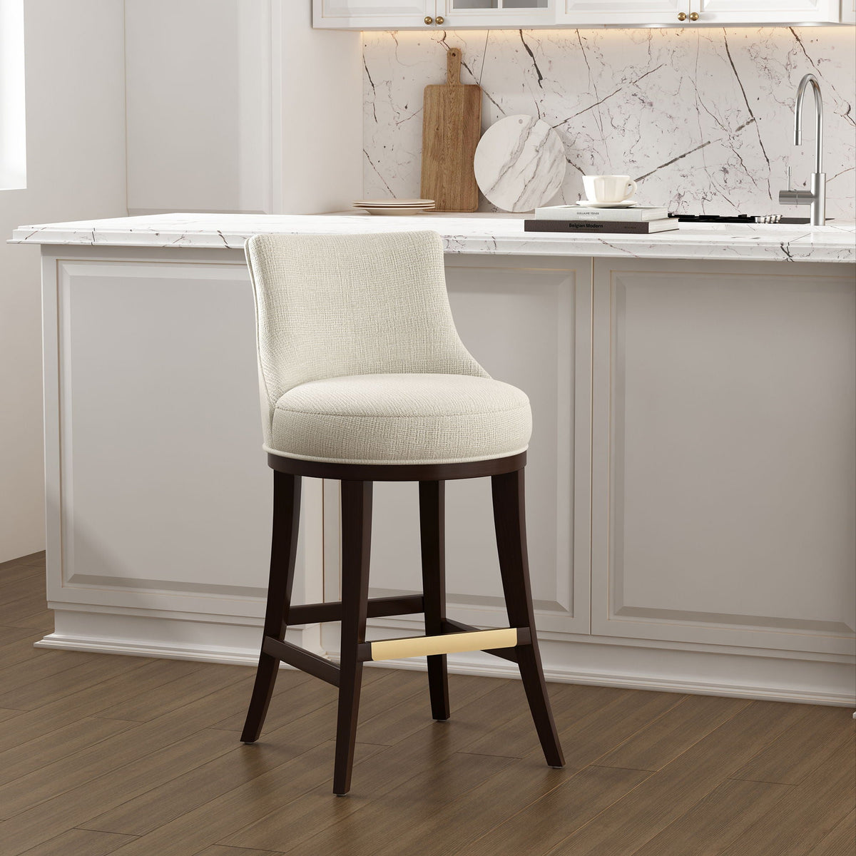 Bar height barstool with backrest, upholstered seat on dark wood legs by marble island on Tampa Home & Garden Store