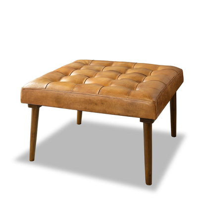 Tufted square genuine leather ottoman with high-density foam, light brown legs on Tampa Home & Garden Store