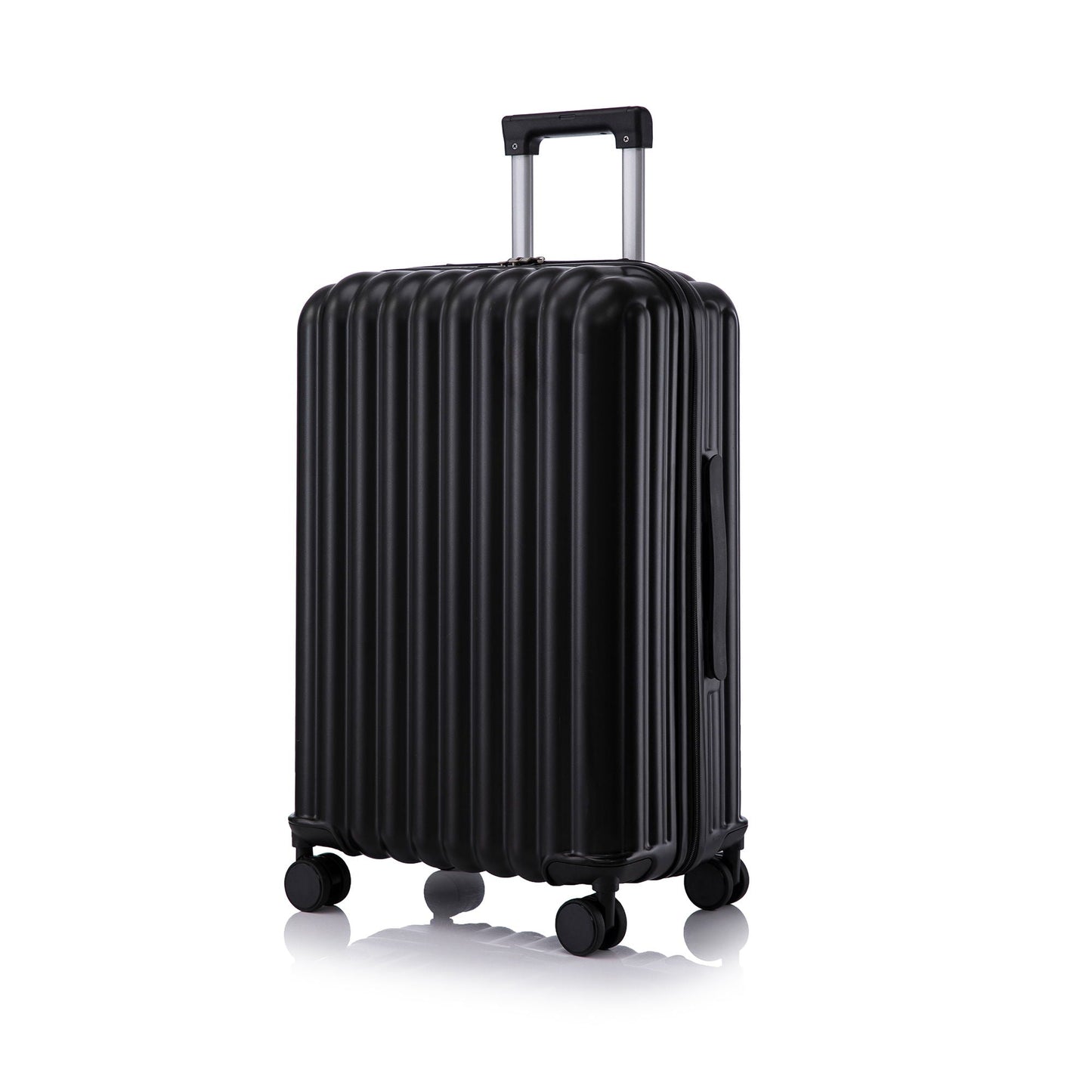 Black hard-shell spinner luggage carry-on with telescoping handle and four wheels on Tampa Home & Garden Store
