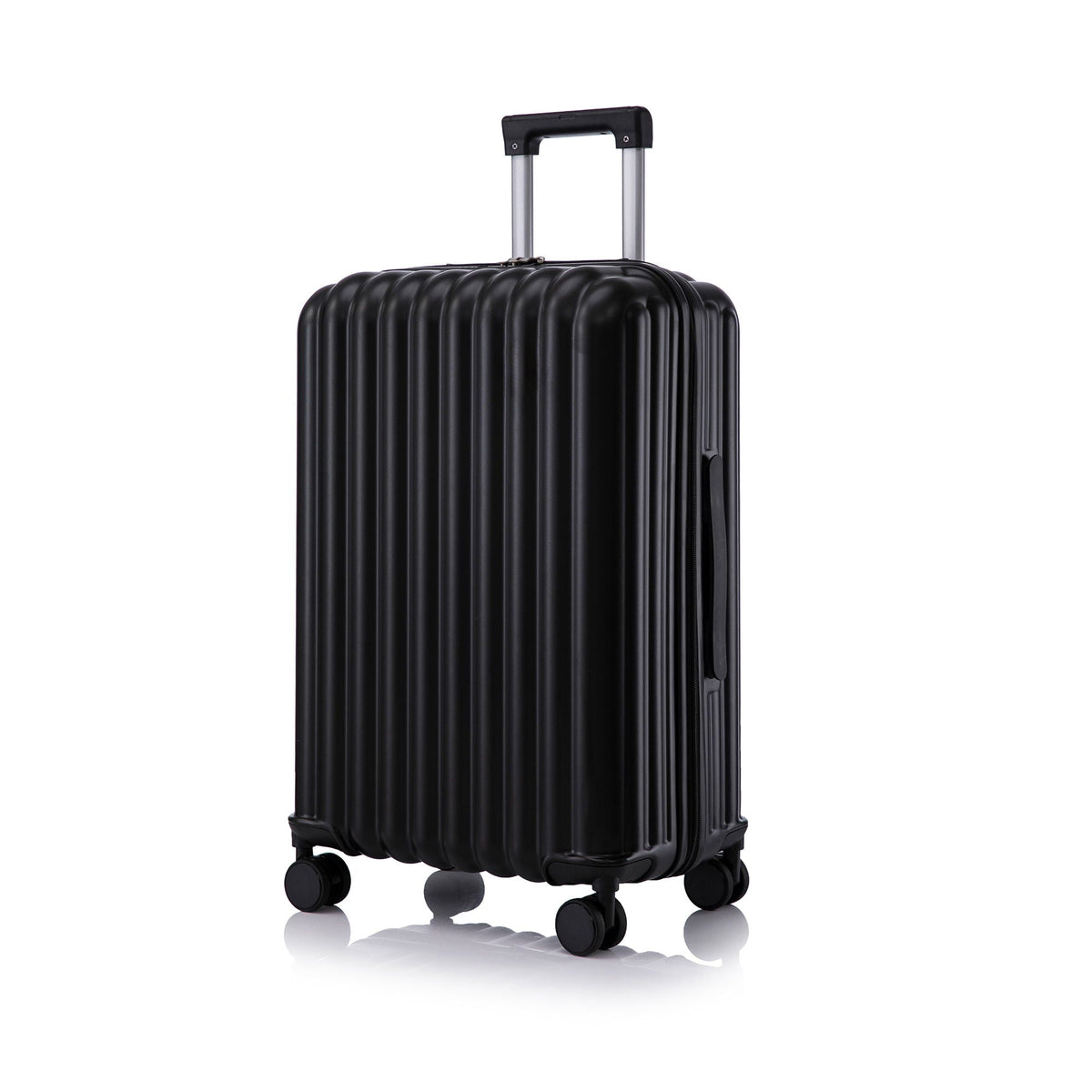 Black hard-shell spinner luggage carry-on with telescoping handle and four wheels on Tampa Home & Garden Store