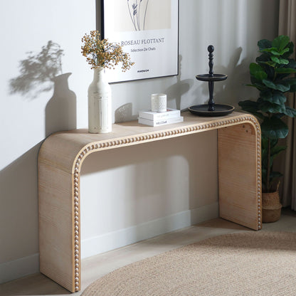 Waterfall Console Table in light brown wood with seamless curved design and bead-trim edges on Tampa Home & Garden Store
