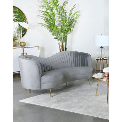 Reigha gray upholstered sofa lounge with channel tufted backrest and gold legs on Tampa Home & Garden Store