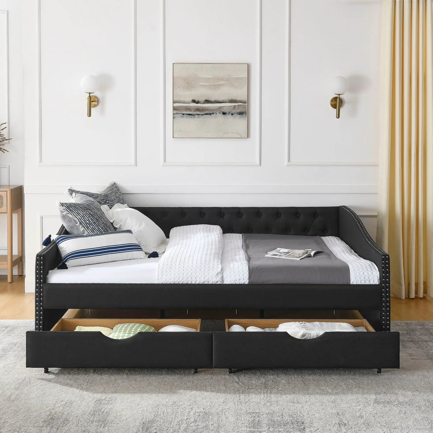 Upholstered tufted daybed with 2 drawers, black fabric, waved arms, nailhead trim on Tampa Home & Garden Store