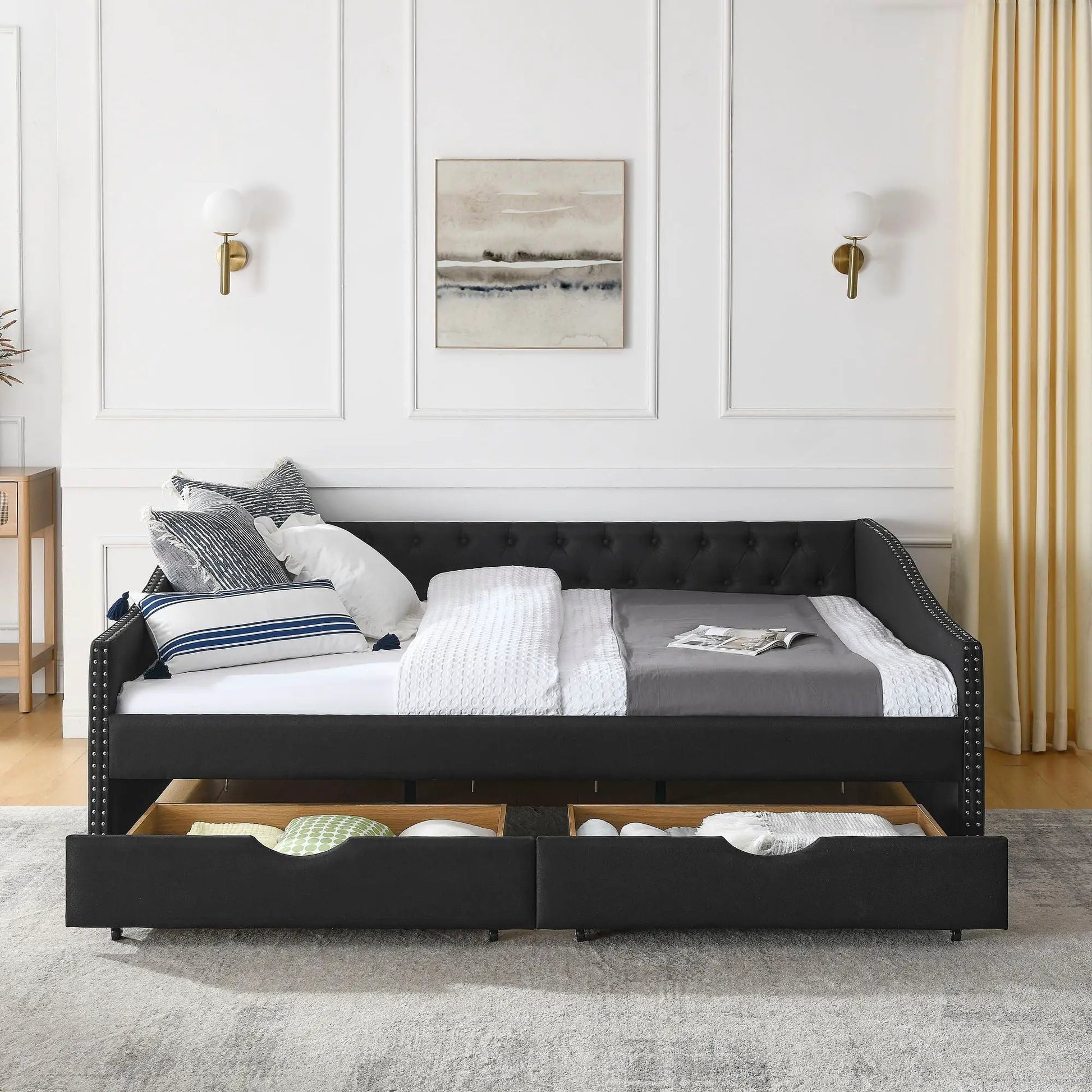 Upholstered tufted daybed with 2 drawers, black fabric, waved arms, nailhead trim on Tampa Home & Garden Store