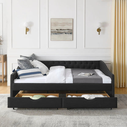 Upholstered tufted daybed with 2 drawers, black fabric, waved arms, nailhead trim on Tampa Home & Garden Store