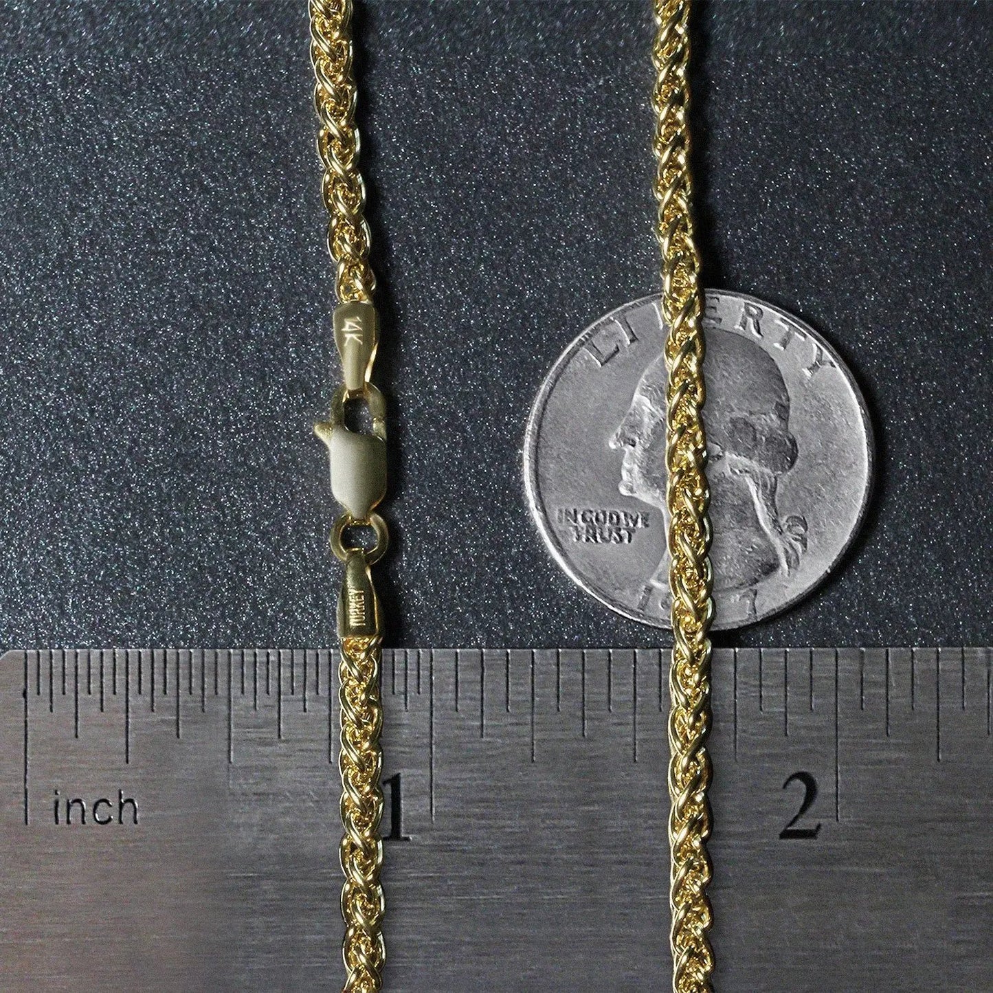 14k yellow gold 2.8mm wheat chain necklace with 14K clasp, shown with ruler for scale on Tampa Home & Garden Store