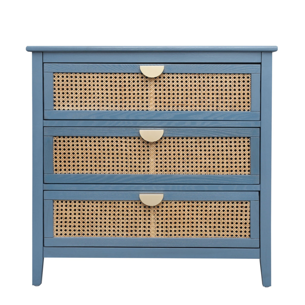 3 Drawer Cabinet in blue with natural rattan caned fronts and brass half-moon pulls on Tampa Home & Garden Store