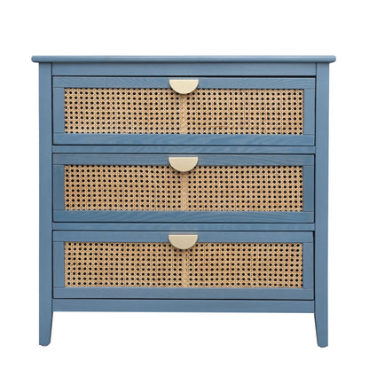 3 Drawer Cabinet in blue with natural rattan caned fronts and brass half-moon pulls on Tampa Home & Garden Store