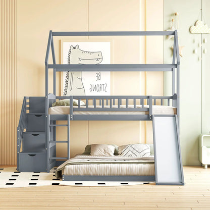 House bunk bed with slide in gray metal by Unique Piece Furniture, built-in ladder on Tampa Home & Garden Store