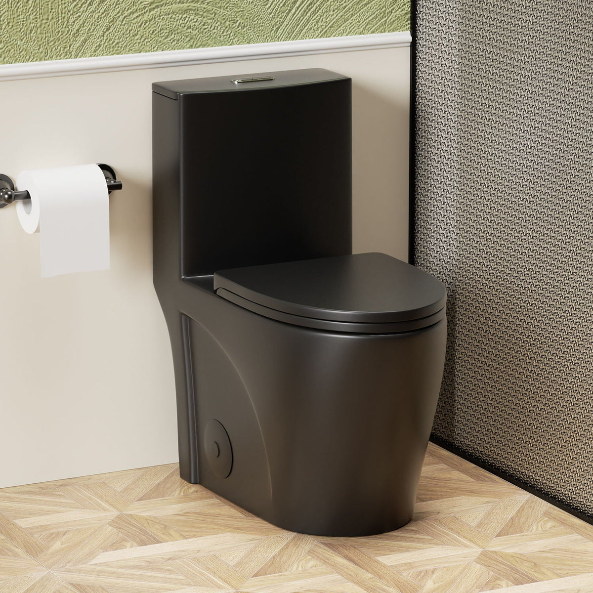 Black one-piece toilet with rectangular tank, dual-flush ADA height by HouseOfZazla on Tampa Home & Garden Store
