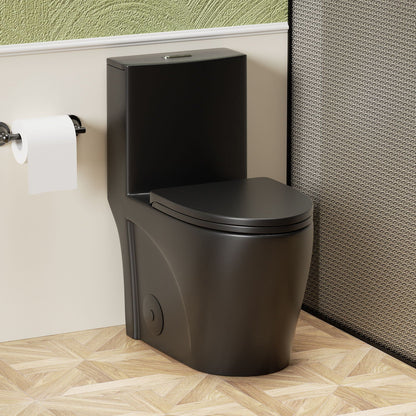 Black one-piece toilet with rectangular tank, dual-flush ADA height by HouseOfZazla on Tampa Home & Garden Store
