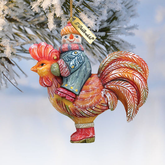 Snowman riding rooster ornament by G. DeBrekht, hand-painted sculpted holiday decor on Tampa Home & Garden Store