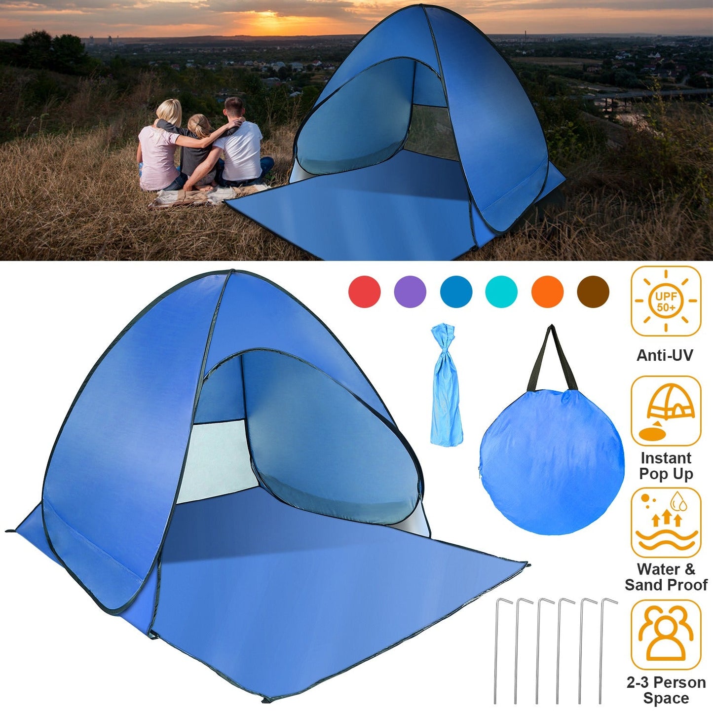GemGear Pop Up Beach Tent Sun Shade Shelter blue UPF50+ anti-UV waterproof 2–3 person space on Tampa Home & Garden Store